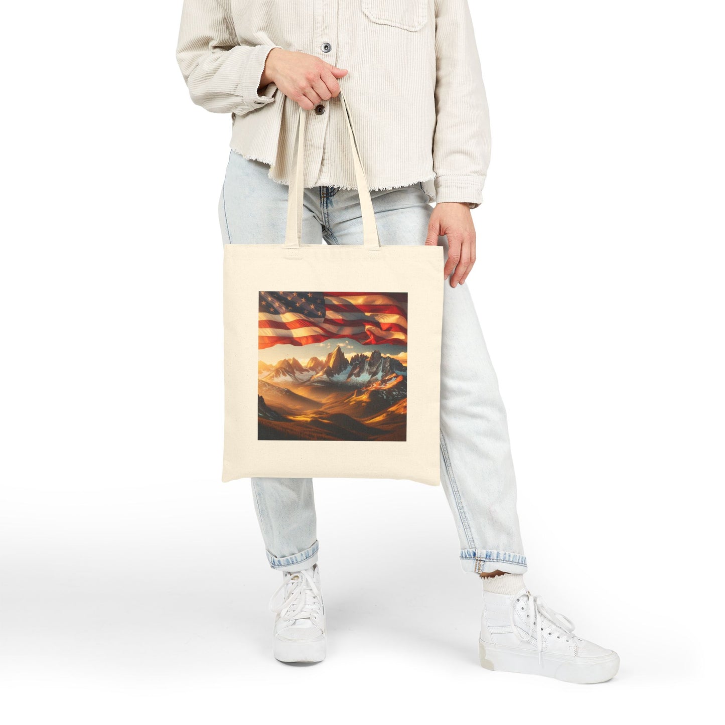 Patriotic Mountain Landscape Cotton Canvas Tote Bag