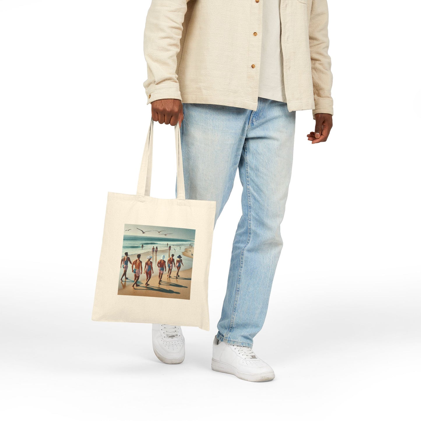 Vintage Beach Scene Cotton Canvas Tote Bag