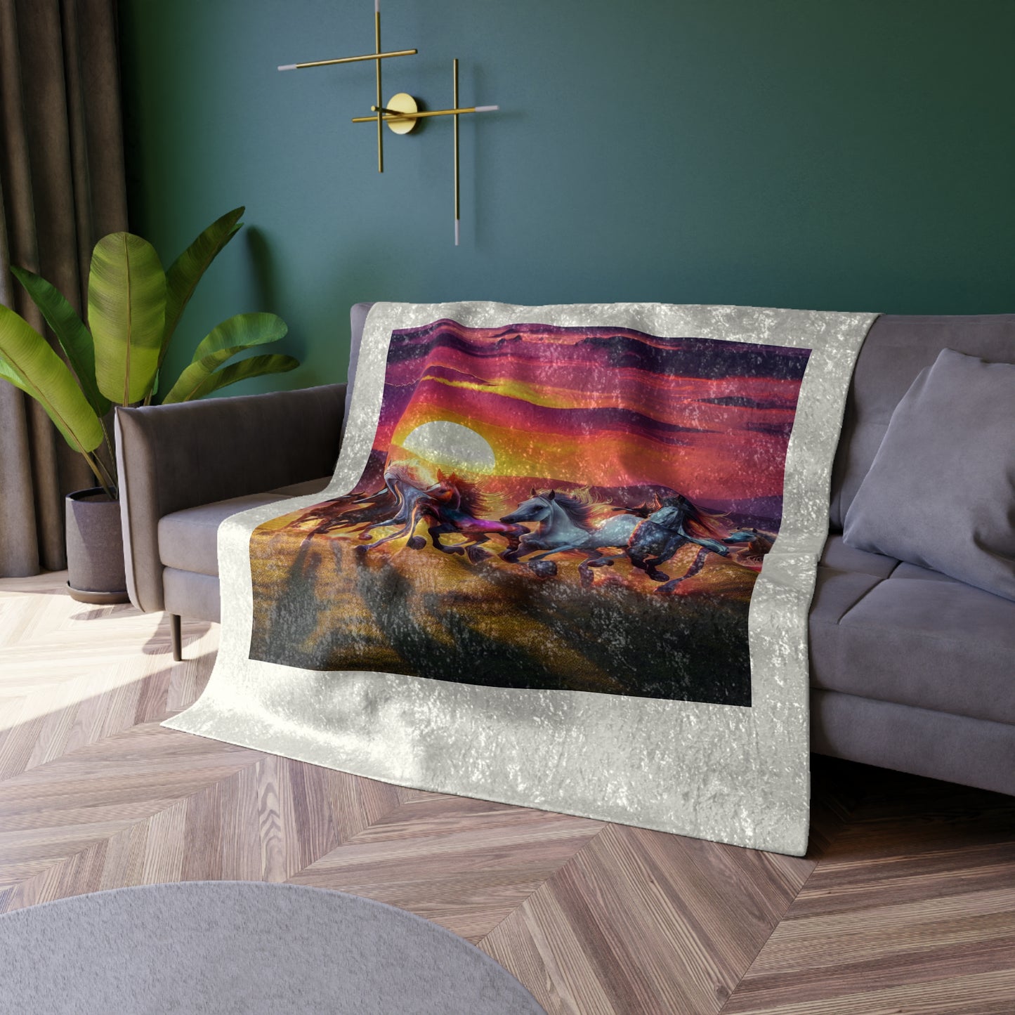 Wild Horses Sunset Crushed Velvet Blanket - Cozy & Elegant Home Decor