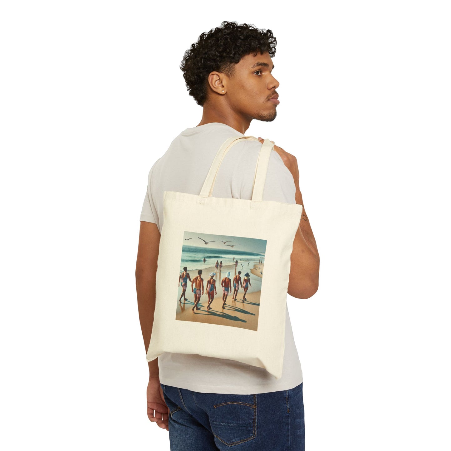 Vintage Beach Scene Cotton Canvas Tote Bag