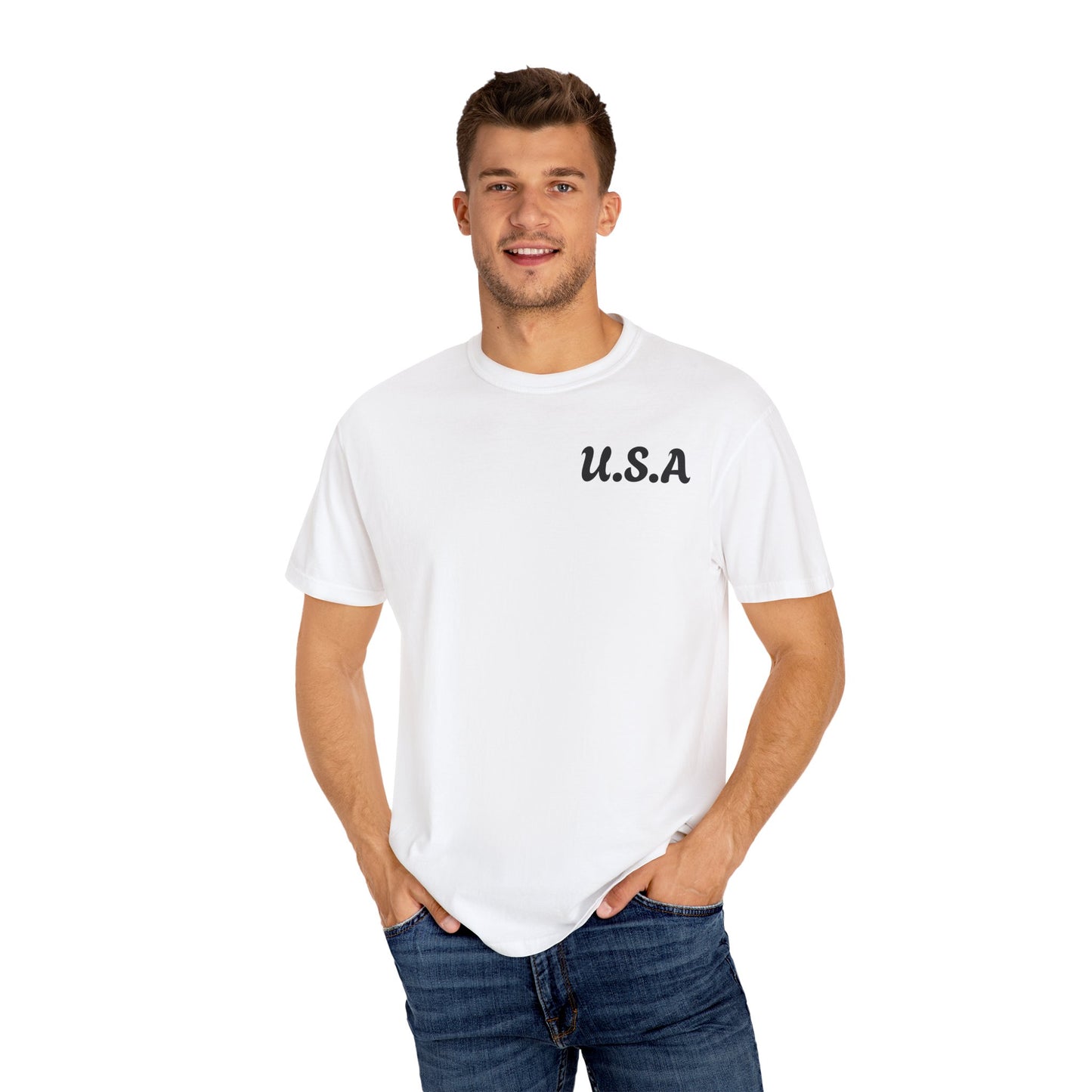 Patriotic Garment-Dyed T-Shirt | U.S.A. Front Print & Flag Design