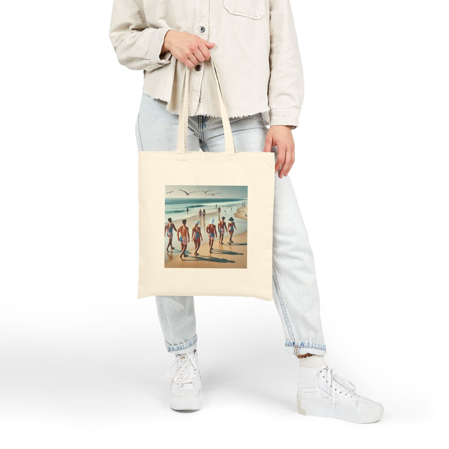 Vintage Beach Scene Cotton Canvas Tote Bag