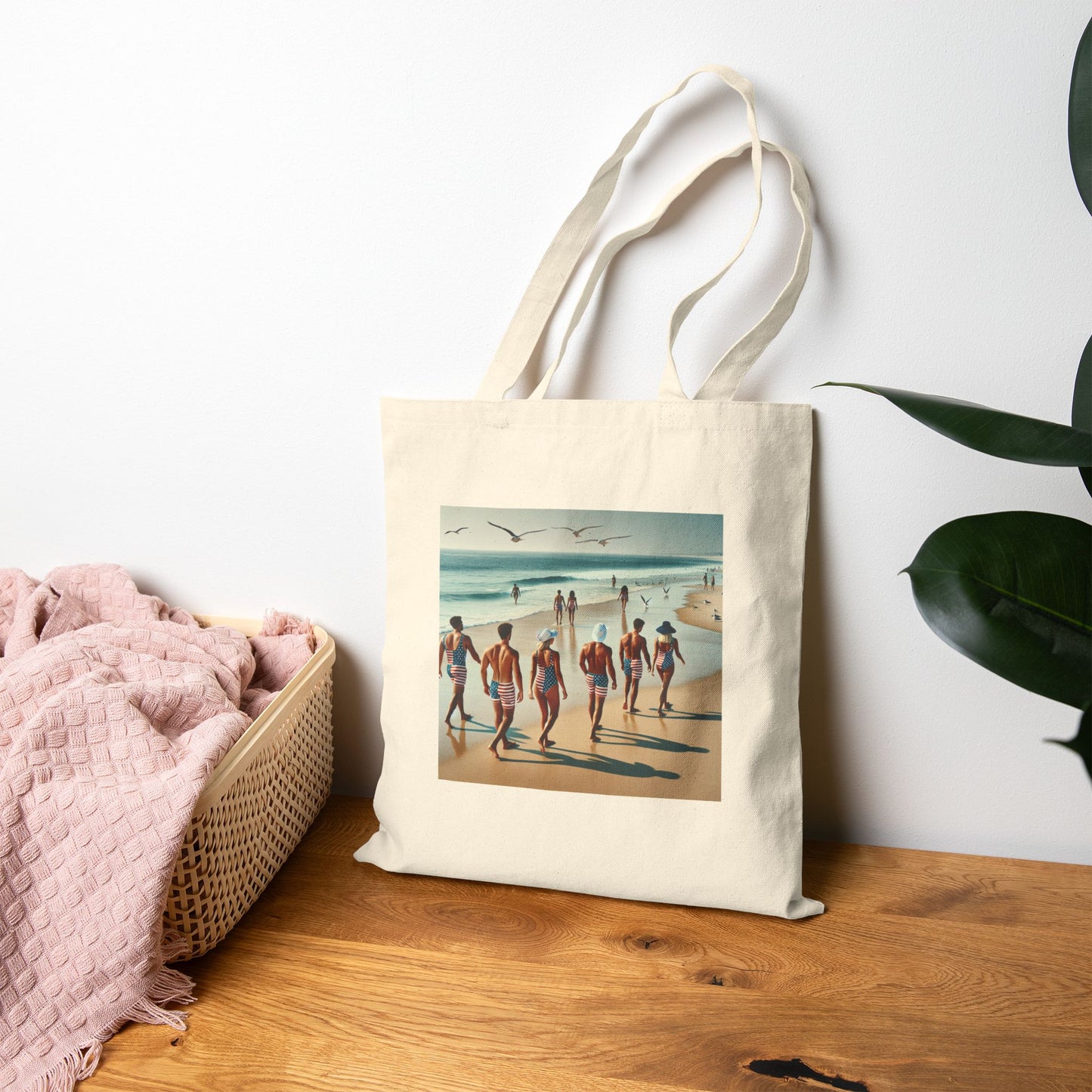 Vintage Beach Scene Cotton Canvas Tote Bag