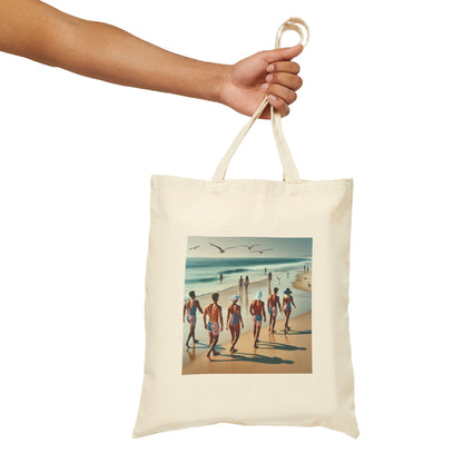 Vintage Beach Scene Cotton Canvas Tote Bag