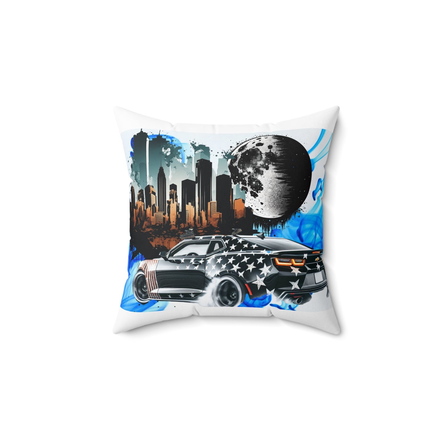 Urban Style Printed Square Pillow - Car and Skyline Design