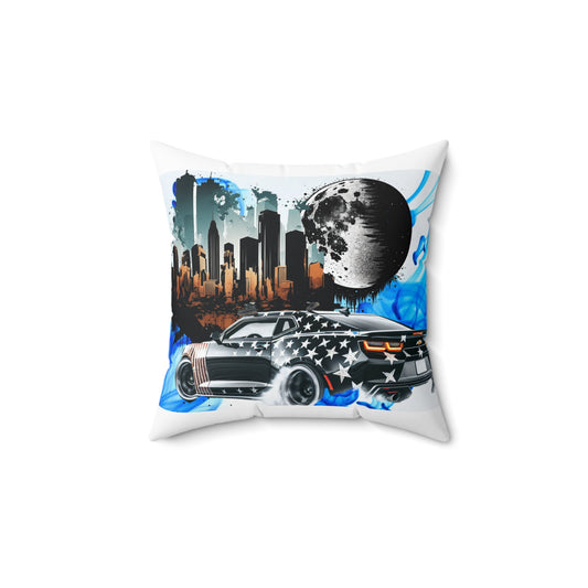 Urban Style Printed Square Pillow - Car and Skyline Design